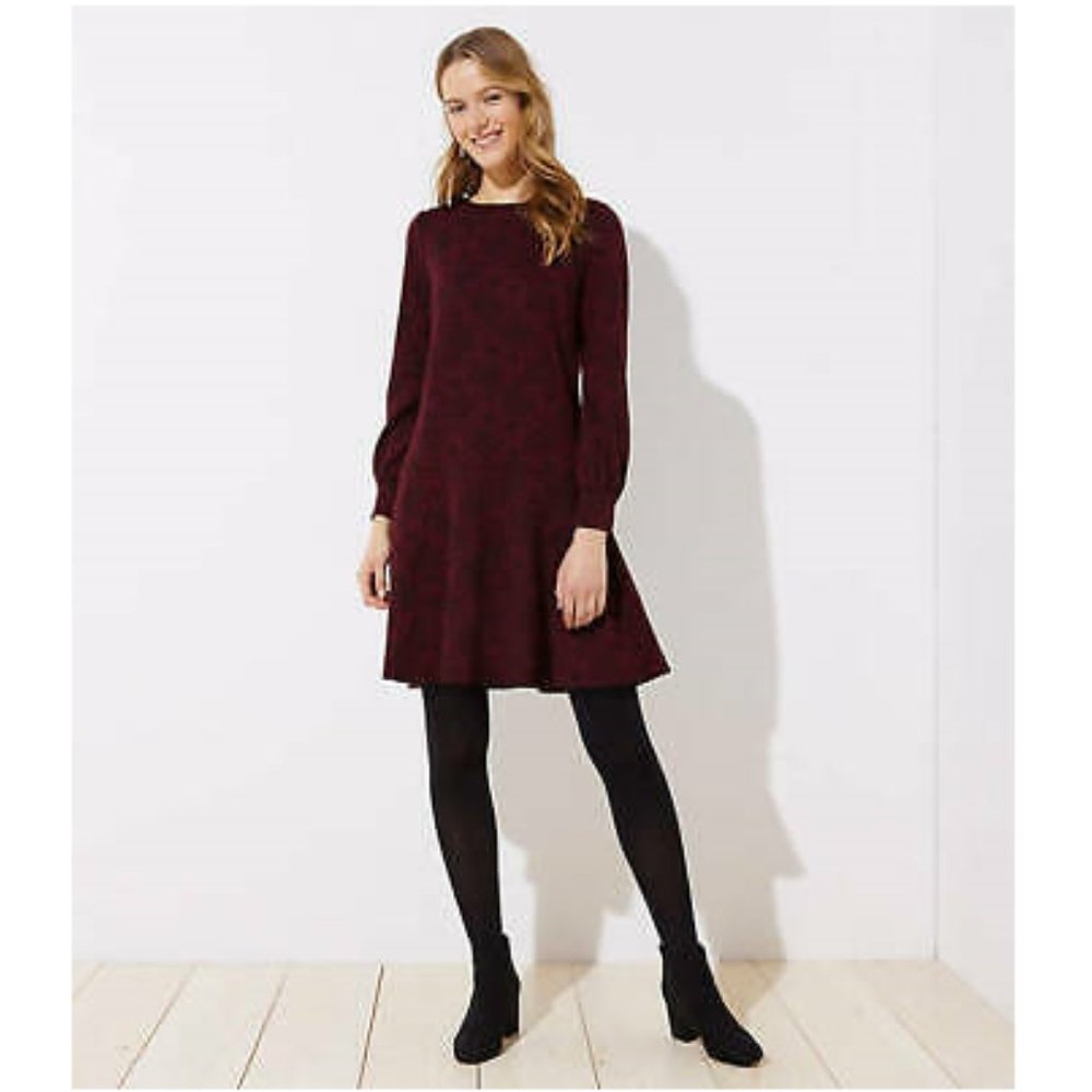 LOFT Burgundy Long Sleeve Fit-and-Flare Dress